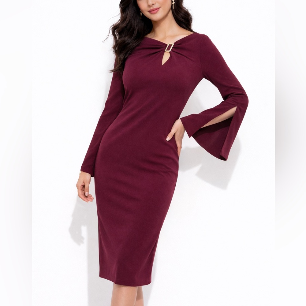 Calvin Klein Maroon Bell Sleeve Dress Fall Cocktail Career